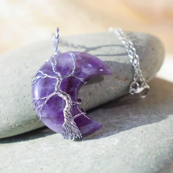 Buddha Stones Natural Quartz Crystal Moon Tree Of Life Healing Energy Necklace Pendant